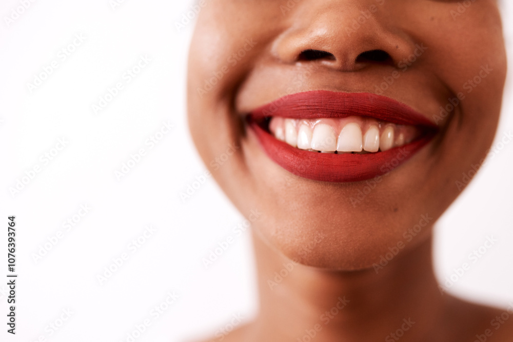 Fototapeta premium Woman, red lips and smile in studio, skincare and lipstick for moisturizing on white background. Female person, cosmetics and treatment for hydration on mockup space, luxury beauty and dermatology