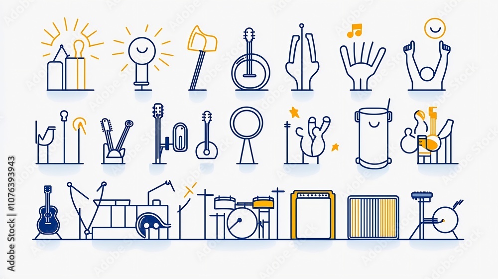 Set of 15 outline style icons featuring various show related elements such as stage musical instruments and fans cheering Editable stroke design Set of 15 outline style icons featuring various show related elements such as stage musical instruments and fans cheering Editable stroke design