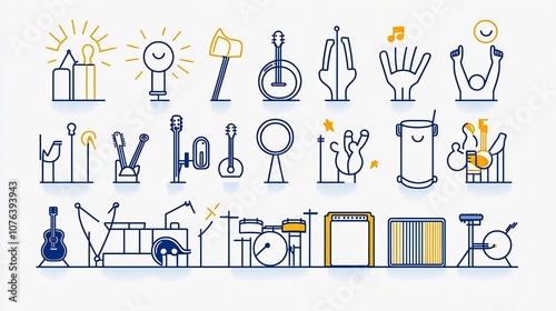 Set of 15 outline style icons featuring various show related elements such as stage musical instruments and fans cheering  Editable stroke design photo