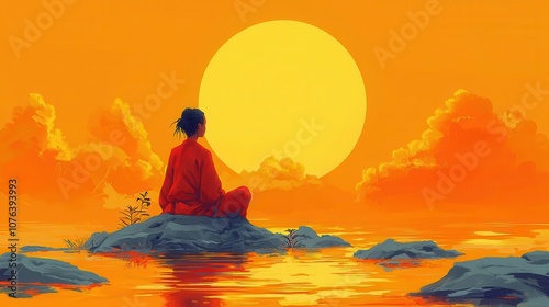 A serene figure meditates at sunset, surrounded by tranquil waters and vibrant skies, promoting peace and mindfulness.