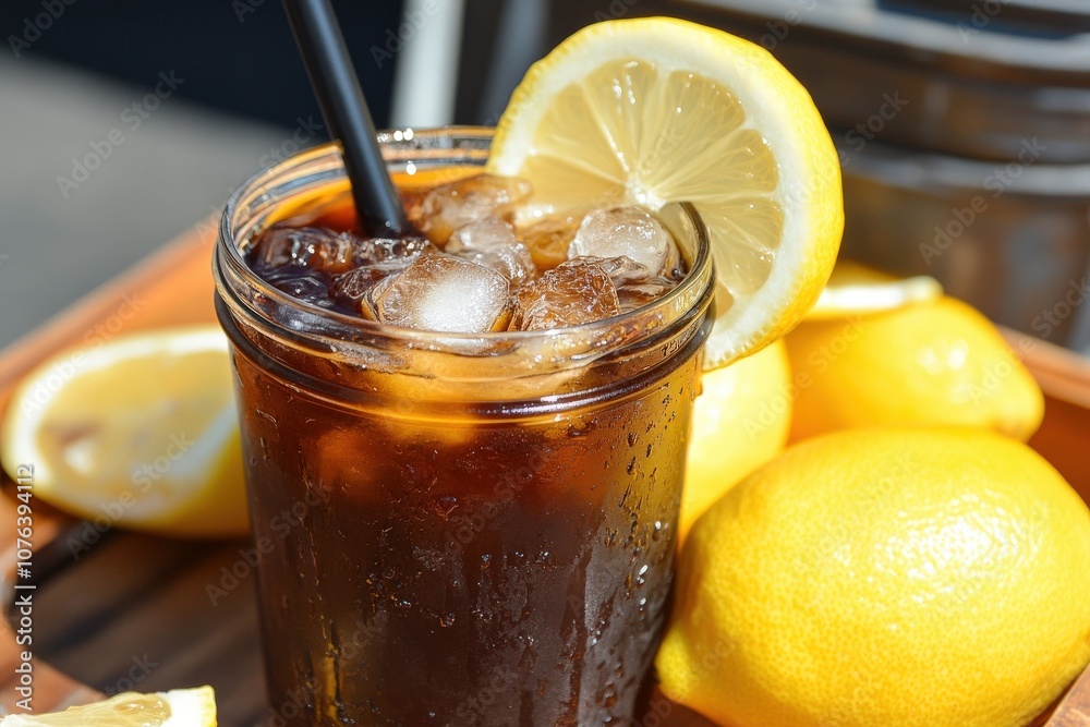 A refreshing glass of iced tea with lemon slices and ice, served alongside whole lemons for a bright and summery vibe. A refreshing glass of iced tea with lemon slices and ice, served alongside whole lemons for a bright and summery vibe.