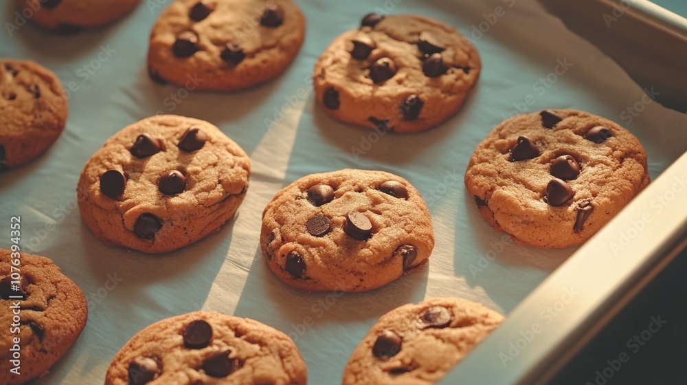 Golden chocolate chip cookies cool on a baking sheet, capturing the warmth and comfort of homemade treats. Golden chocolate chip cookies cool on a baking sheet, capturing the warmth and comfort of homemade treats.