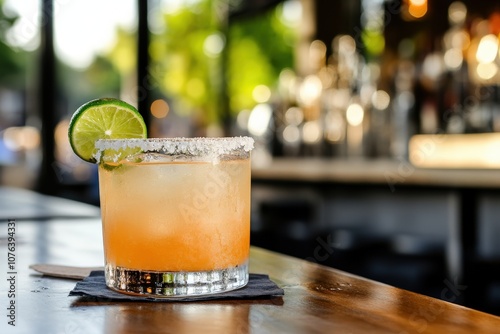 A refreshing cocktail garnished with a lime slice sits on a wooden bar, with a blurred backdrop of a lively bar scene.