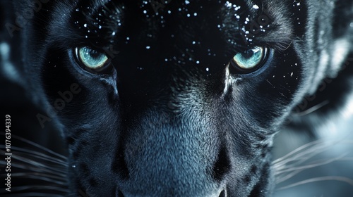 Close-up of a panther?s piercing eyes amidst a snowy, cold backdrop, showcasing its powerful presence and intense gaze. photo