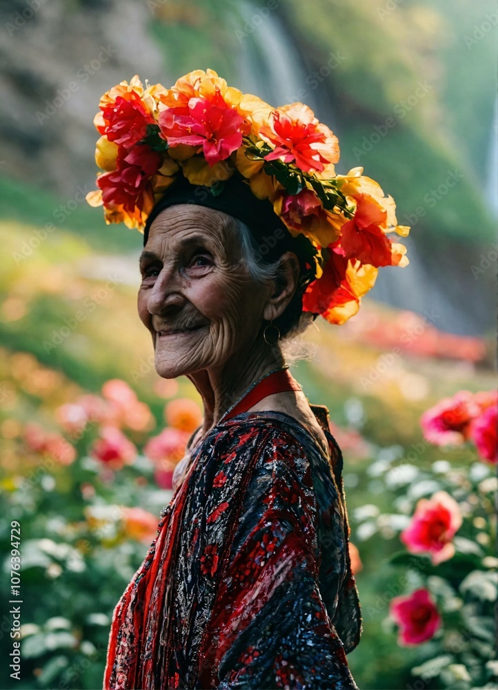 Portrait of an old Abkhazian woman with a sweet smile walking in Gegskiy Waterfall, taken with a Canon EOS R6 camera with a 24-70mm f/8 lens. A wide aperture was used for a bokeh effect, capturing the Portrait of an old Abkhazian woman with a sweet smile walking in Gegskiy Waterfall, taken with a Canon EOS R6 camera with a 24-70mm f/8 lens. A wide aperture was used for a bokeh effect, capturing the