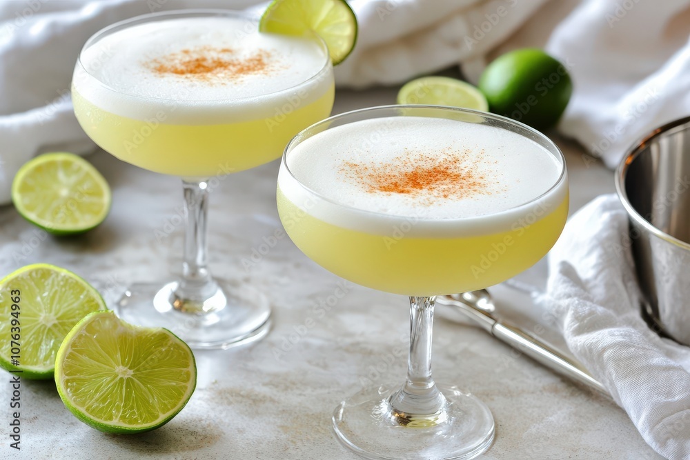 Two cocktails with lime slices, garnished with a frothy top and sprinkled spice, set on a light surface with a silver cocktail shaker nearby. Two cocktails with lime slices, garnished with a frothy top and sprinkled spice, set on a light surface with a silver cocktail shaker nearby.