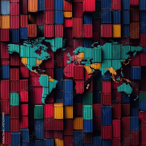 Explore the global shipping landscape through a colorful world map overlay on a busy port scene filled with shipping containers photo