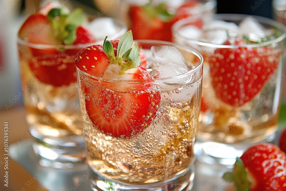 Refreshing drinks with strawberries and ice, served in clear glasses, perfect for summer parties and celebrations. Refreshing drinks with strawberries and ice, served in clear glasses, perfect for summer parties and celebrations.