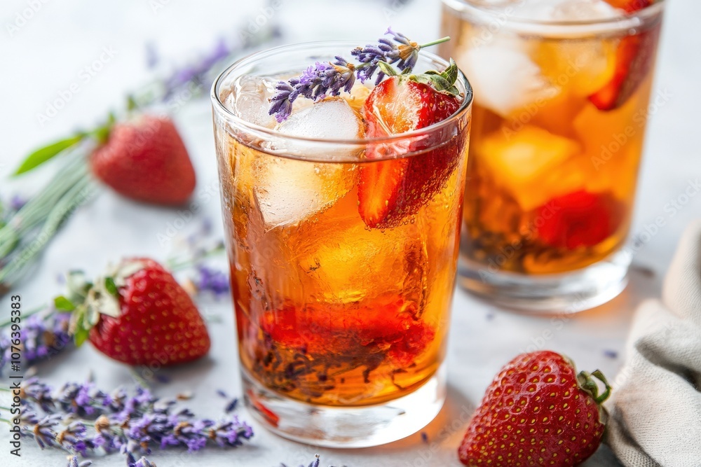 Refreshing iced tea with strawberries and lavender, served in a glass with ice, surrounded by fresh strawberries and lavender sprigs. Refreshing iced tea with strawberries and lavender, served in a glass with ice, surrounded by fresh strawberries and lavender sprigs.