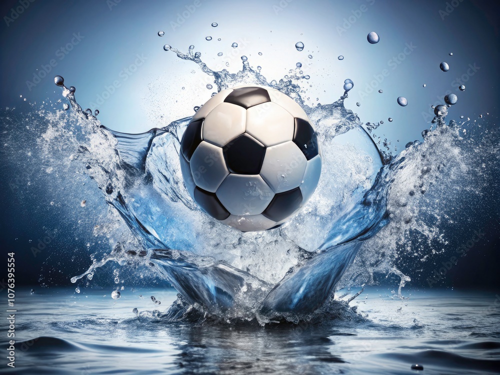 Naklejka premium World Football Day Celebration with Soccer Ball and Water Splashes for Dynamic Sports Imagery