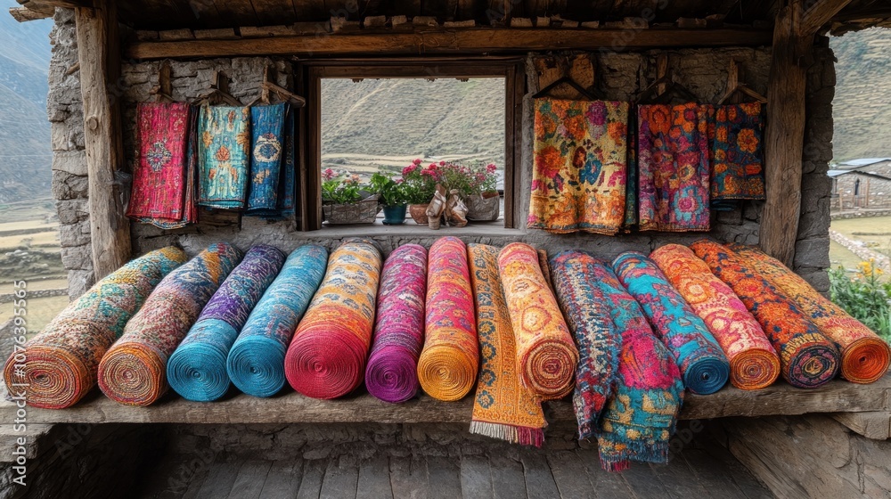 Colorful textiles displayed in a rustic setting. Colorful textiles displayed in a rustic setting.