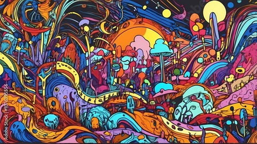 Psychedelic colorful vector hand drawn doodle illustration background for poster and banners