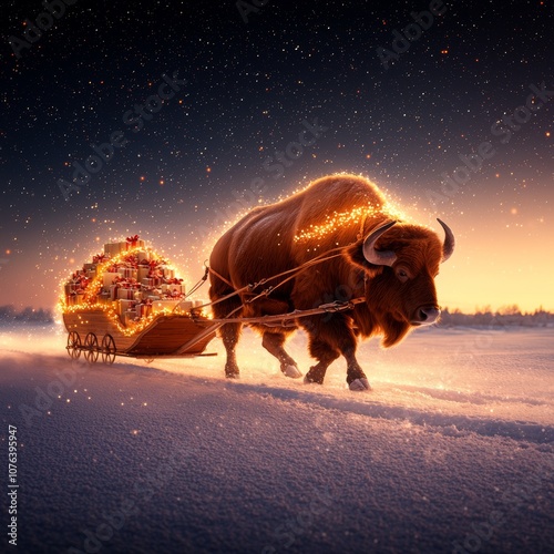 A bison pulls a festive, illuminated sleigh through a snowy landscape, creating a magical winter scene under a starry sky.