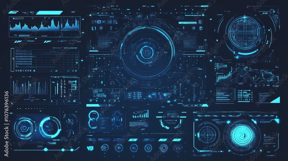 A collection of blue HUD and sci-fi UI elements, including futuristic circles, frames, callout titles, loading bars, arrows, holograms for VR, icons, bar labels, and lines. A collection of blue HUD and sci-fi UI elements, including futuristic circles, frames, callout titles, loading bars, arrows, holograms for VR, icons, bar labels, and lines.