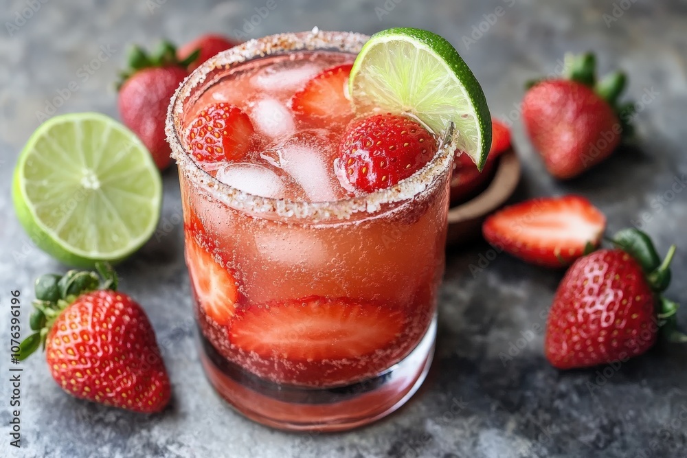 A refreshing strawberry cocktail garnished with lime, surrounded by fresh strawberries and ice, perfect for summer enjoyment. A refreshing strawberry cocktail garnished with lime, surrounded by fresh strawberries and ice, perfect for summer enjoyment.