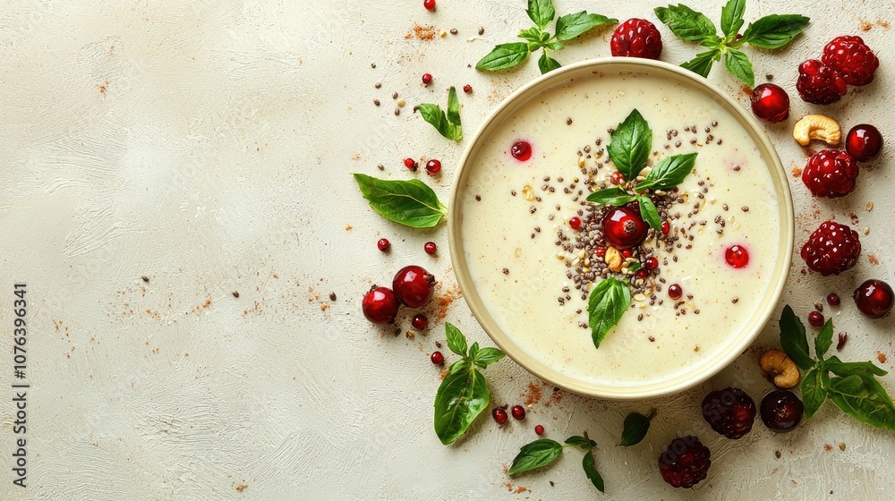 Creamy Smoothie Bowl with Fresh Berries, Basil, and Chia Seeds on a Rustic Background for a Healthy Breakfast Concept Creamy Smoothie Bowl with Fresh Berries, Basil, and Chia Seeds on a Rustic Background for a Healthy Breakfast Concept