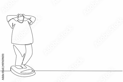 Single continuous line drawing obese man weighing himself on a scale. Shocked. Feeling insecure. Thinking about losing weight. Extra exercise. World Obesity Day. One line design vector illustration