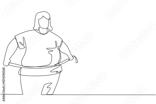 Single continuous line drawing obese woman wrapped in measuring tape. Self-awareness. It's already gone way beyond limit. Back to healthy living. World Obesity Day. One line design vector illustration