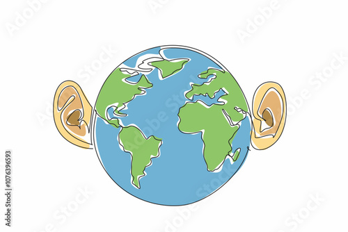 Single one line drawing the globe has a right and left ear. Need for effective communication. Understand each other by listening more. World Hearing Day. Continuous line design graphic illustration