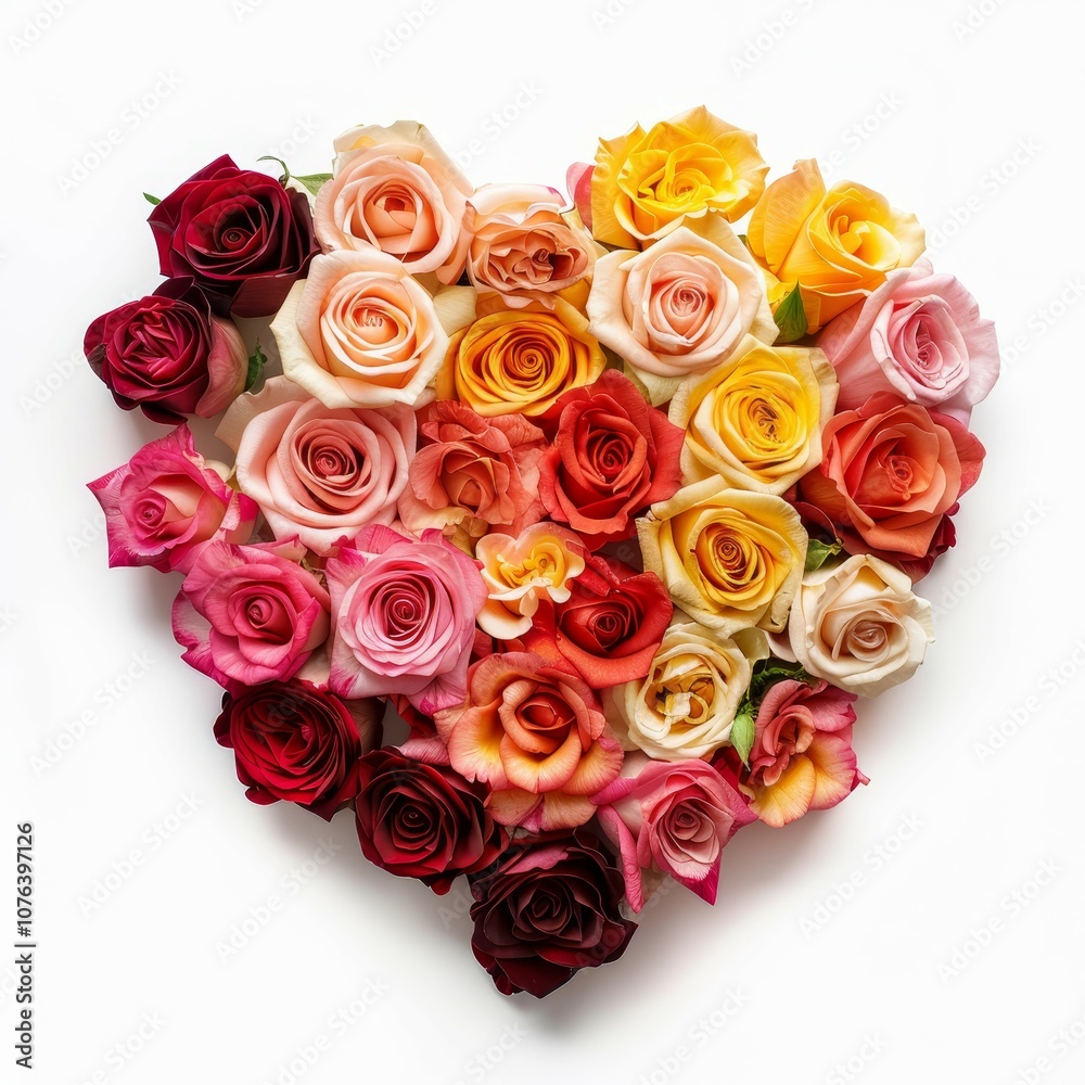 Roses arranged in the shape of a heart on white background Created with Generative AI technology Roses arranged in the shape of a heart on white background Created with Generative AI technology