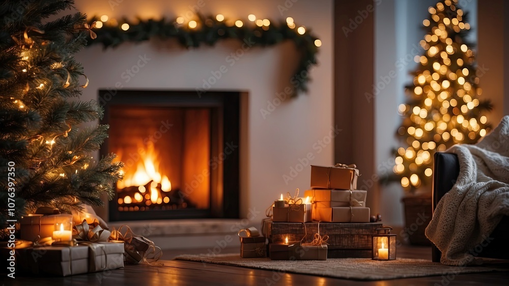 christmas scene by the fireplace with bokeh