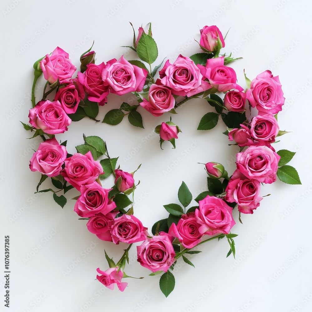 Roses arranged in the shape of a heart on white background Created with Generative AI technology Roses arranged in the shape of a heart on white background Created with Generative AI technology