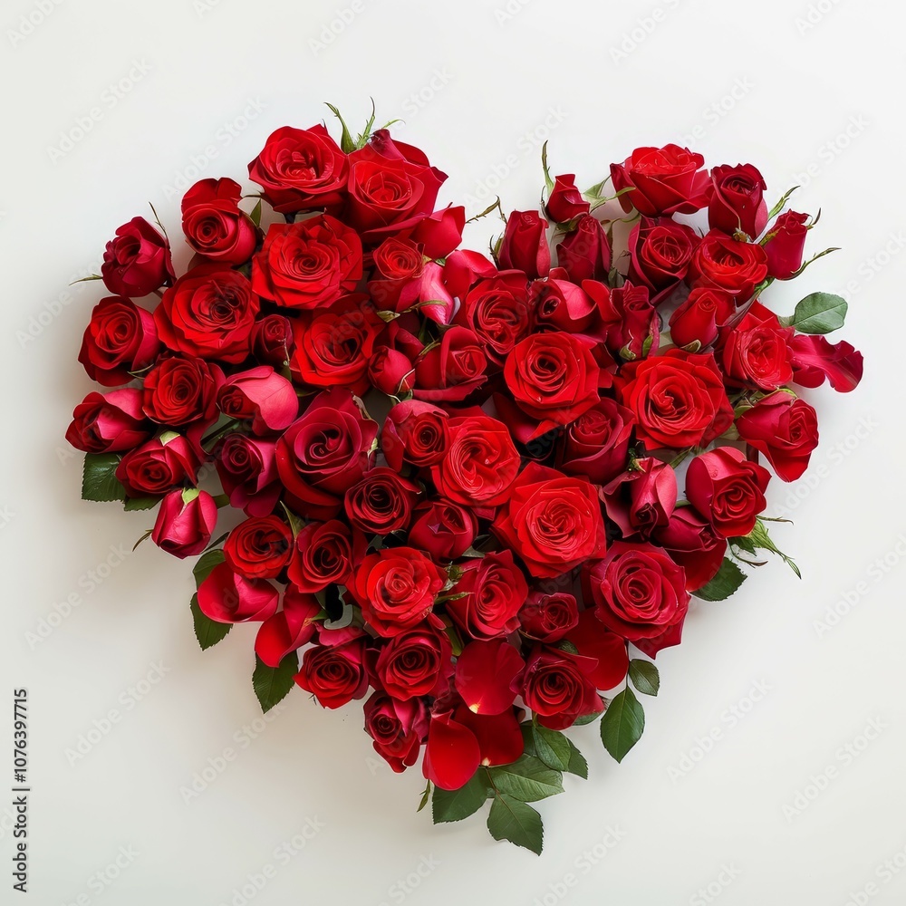 Roses arranged in the shape of a heart on white background Created with Generative AI technology