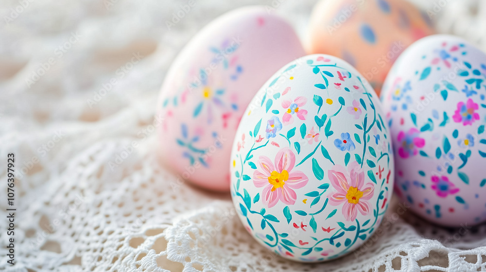 Floral Easter eggs rest on a delicate lace cloth, adding beauty to spring festivities Floral Easter eggs rest on a delicate lace cloth, adding beauty to spring festivities