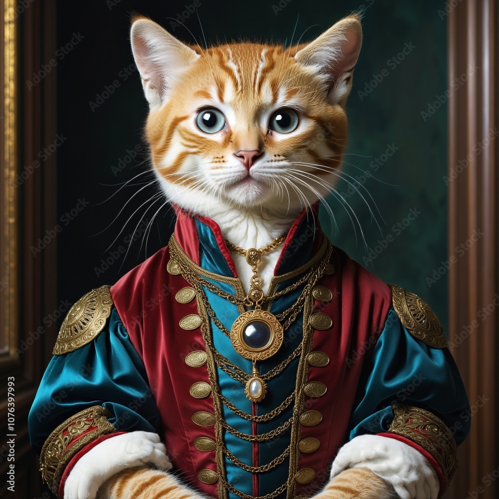 Obraz premium Retro-inspired Wildlife Design With Royal Cat, Funny Illustration