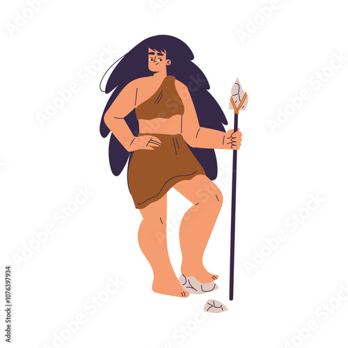 Primitive Woman Character and Caveman in Loincloth Stand with Spear Vector Illustration