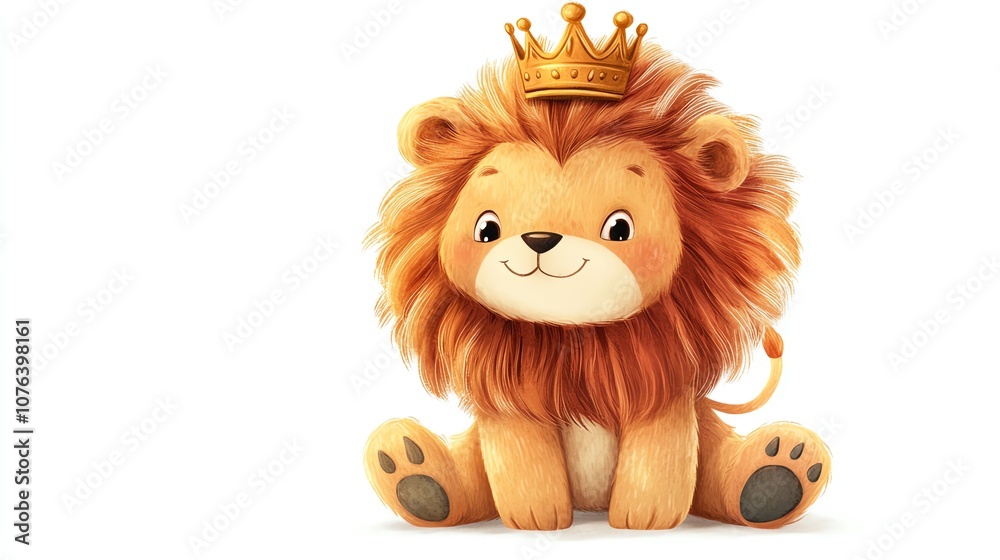 a 2D cartoon illustration of a stuffed lion wearing a crown, cute and royal, white background--ar 16:9