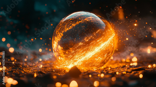glowing crystal ball surrounded by fiery sparks and glowing embers, creating mystical atmosphere. vibrant colors and dynamic lighting evoke sense of wonder and magic