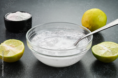 Mixing baking soda with water and lemon.