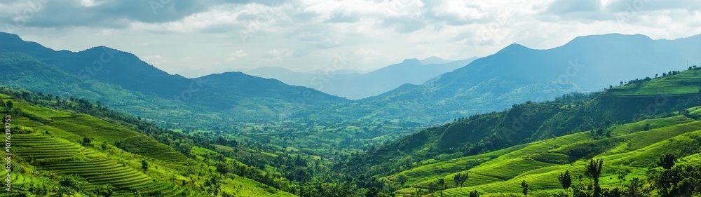 Fototapeta premium Lush Green Rice Terraces Surrounded by Majestic Mountains