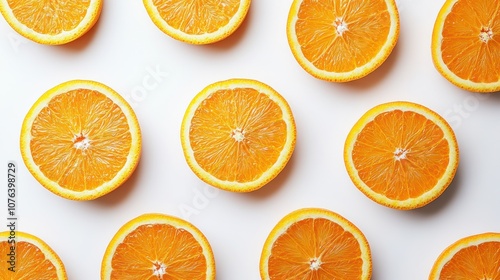 A flat lay of orange slices arranged in a repeating pattern on a white background.