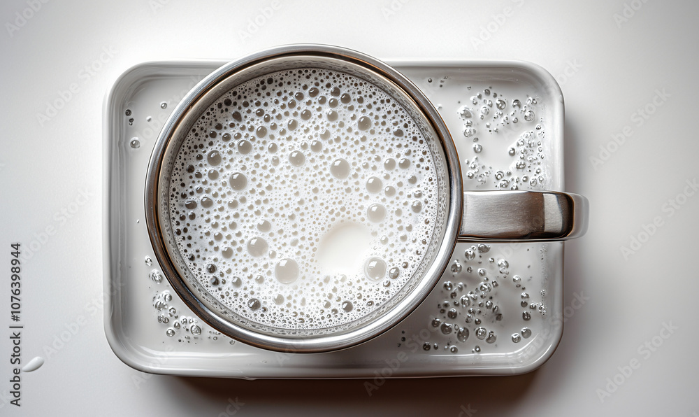 Professional Barista Milk Pitcher with Steamed Milk on White Background Professional Barista Milk Pitcher with Steamed Milk on White Background