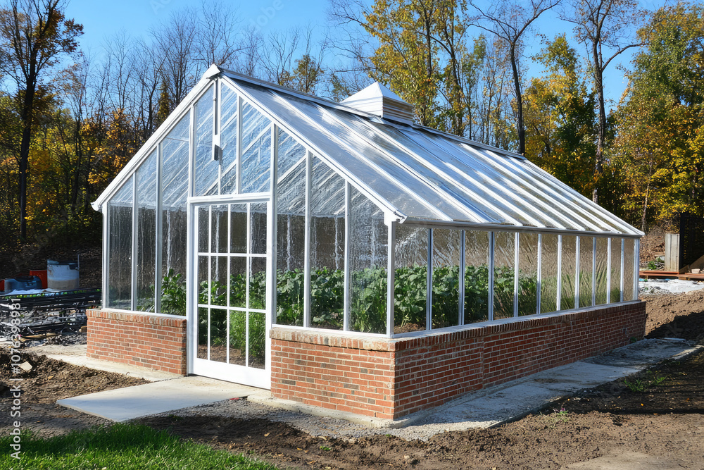 White-Framed Greenhouse with Rustic Brick Wall for a Charming Backyard Look White-Framed Greenhouse with Rustic Brick Wall for a Charming Backyard Look