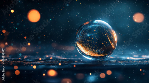 crystal ball reflecting light with holographic details, surrounded by glowing particles and dreamy atmosphere