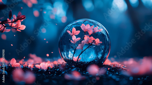 crystal ball reflecting serene scene with holographic flowers, surrounded by dreamy blue atmosphere. delicate blossoms create magical ambiance