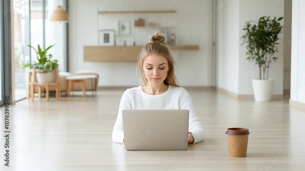 Focused Professional Woman Working Intently on Laptop in Bright Airy Minimalist Office Space with Cozy Accents Focused Professional Woman Working Intently on Laptop in Bright Airy Minimalist Office Space with Cozy Accents