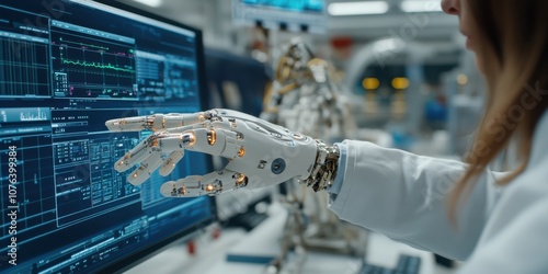 In a futuristic lab, a scientist operates a robotic arm, embodying technological advancement and human innovation at a dynamic workstation.