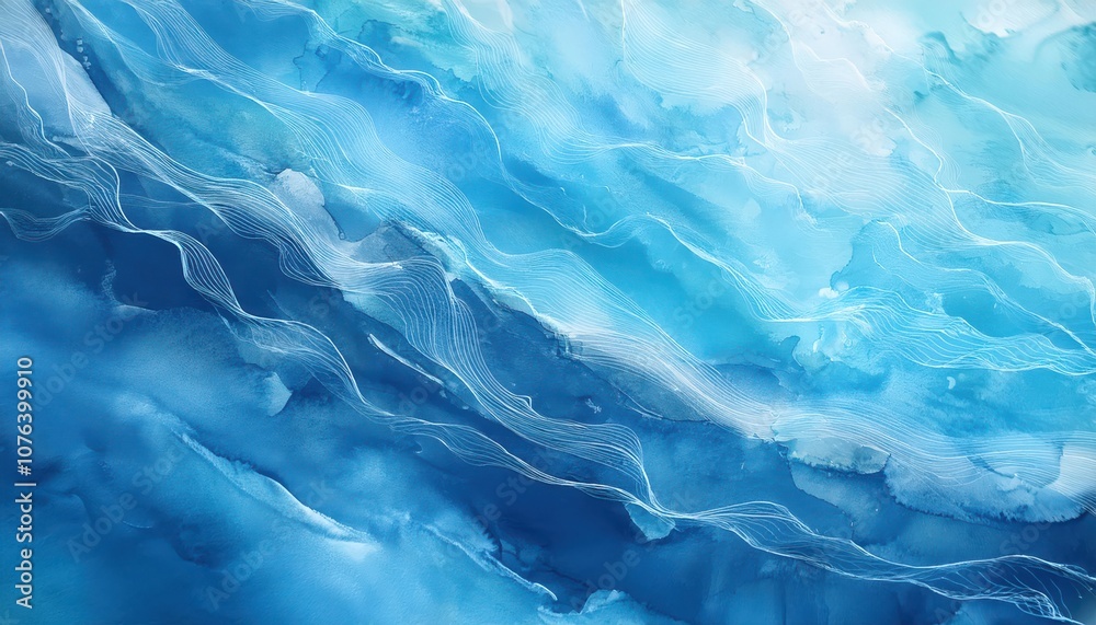 Obraz premium Tranquil Abstract Ocean Waves in Fluid Blue and White Hues. Calming Artistic Background Illustrating Gentle Motion and Serenity, Ideal for Mindfulness, Meditation, and Relaxation Themes