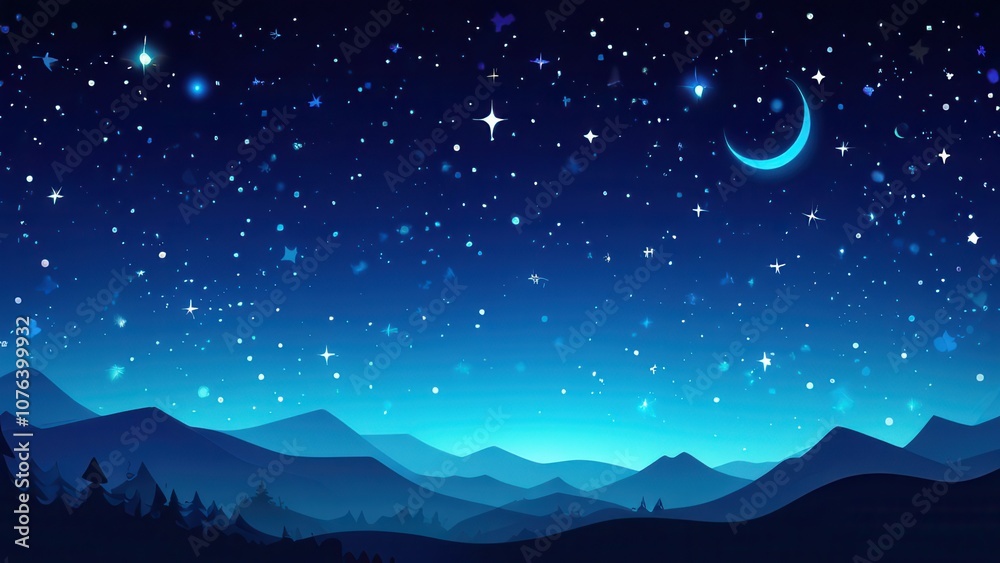 Obraz premium A serene night sky over rolling mountains, filled with twinkling stars and a colorful aurora. Perfect for projects related to nature, space, and tranquility