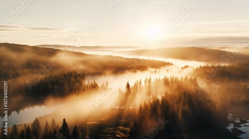 A serene sunrise over a misty forest landscape, illuminating the tranquil scene.