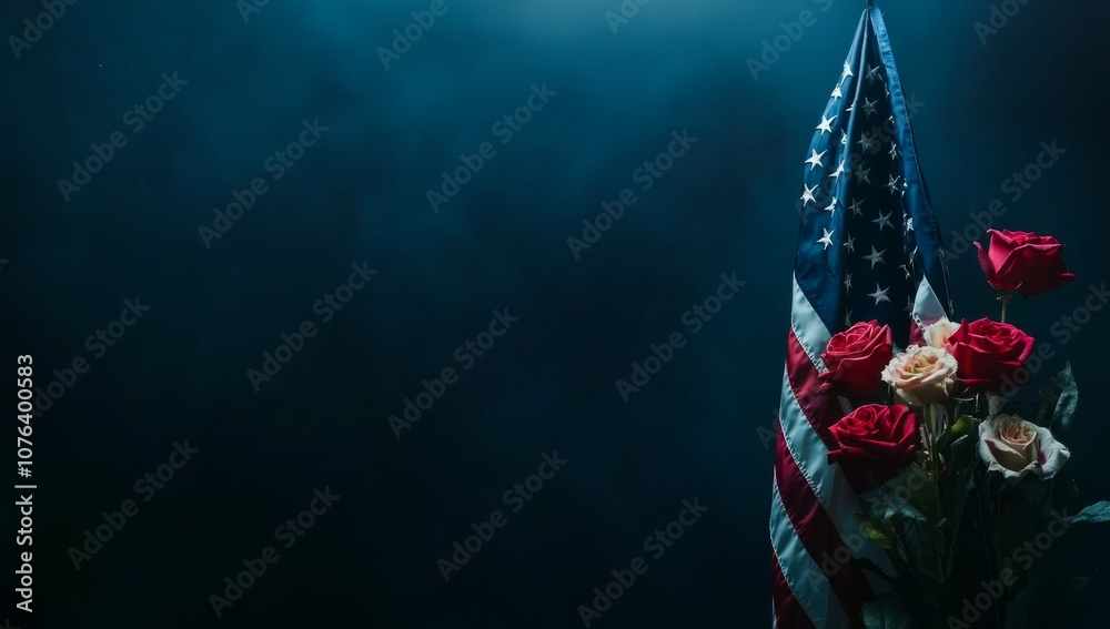 American flag on dark blue background with copy space, 2024 US presidential election, american national holiday, July 4, Veterans or memorial day American flag on dark blue background with copy space, 2024 US presidential election, american national holiday, July 4, Veterans or memorial day