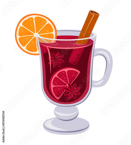 Mulled wine with orange slice, cinnamon stick and badian, star anise. Hot spicy drink isolated on transparent white background. Vector Illustration in flat style