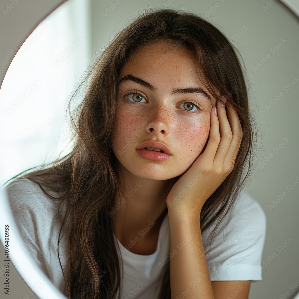 Woman Examining Face Skin for Acne or Skin Care Concerns Woman Examining Face Skin for Acne or Skin Care Concerns