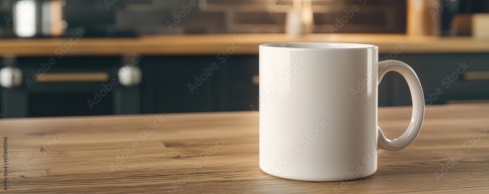 A white ceramic mug on a wooden table in a modern kitchen setting.