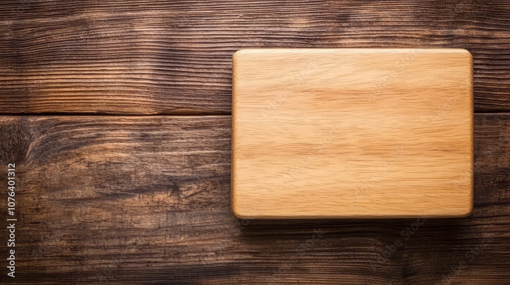 A wooden cutting board placed on a rustic wooden table, perfect for culinary tasks. A wooden cutting board placed on a rustic wooden table, perfect for culinary tasks.