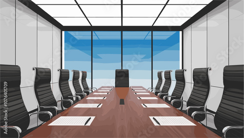 Large empty conference room with long wooden table and many black chairs. Vector illustration